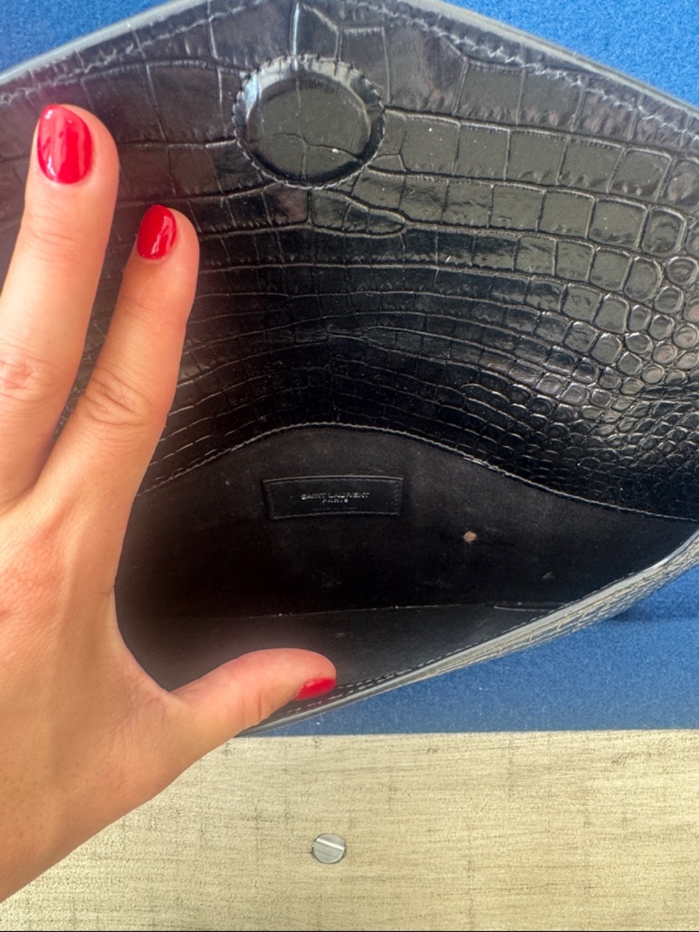 Saint Laurent Black Croc-Embossed Envelope Clutch with Magnetic Closure - Picture 2 of 4